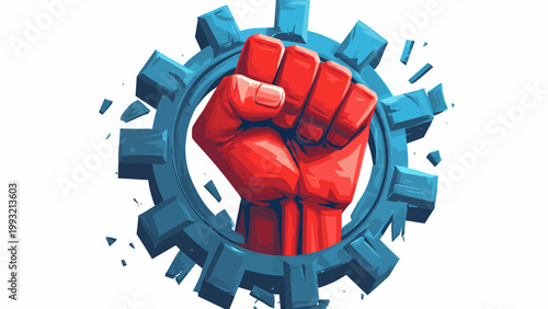Industrial Revolution Symbolism A Fist Crushing a Gear, Representing Power and Progress