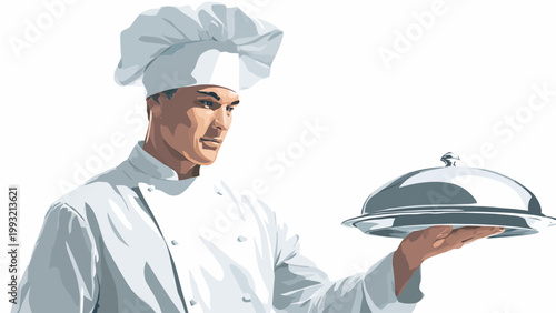 Chef presenting a covered dish with a traditional toque blanche in a bright, clean illustration