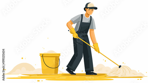 Professional cleaner with mop and bucket cleaning wet floor in a bright room