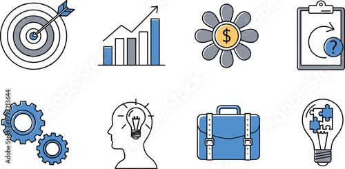 Collection of flat line icons representing marketing strategy creative ideas financial success and corporate management vector elements