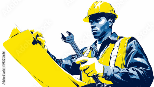 A skilled construction worker wearing a hard hat and safety vest reviews a blueprint on a clipboard