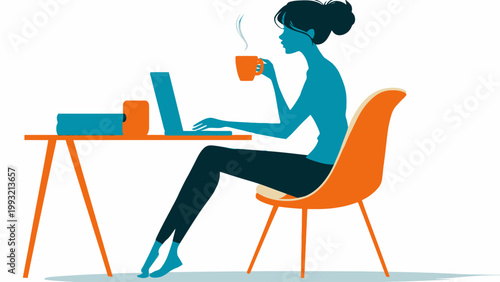 Woman sitting at a desk with a laptop and coffee, working or studying in a modern setting
