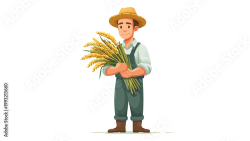 Farmer holding a bunch of wheat stalks, representing agriculture and harvest, vector illustration