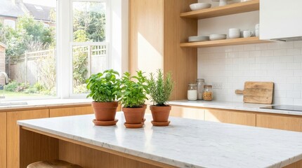 Bright kitchen interior with marble countertop and potted herbs, clean modern aesthetic, fresh cooking space, natural light, minimal home styling, airy background, realistic textures, no logos