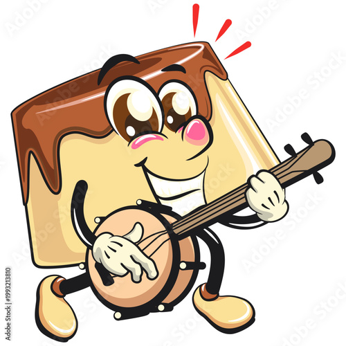 cute caramel pudding mascot character playing the banjo musical instrument with smiling, dessert cartoon vector illustration isolated, work of hand drawn