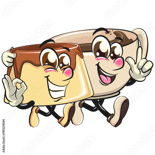 cute caramel pudding mascot character walking with the cup character, dessert cartoon vector illustration isolated, work of hand drawn