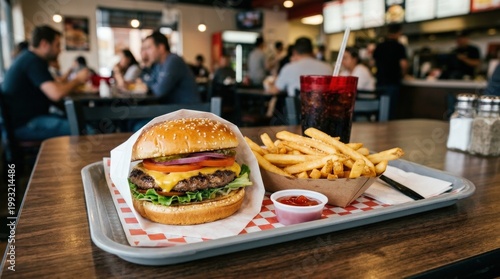 Hamburger and fries menu at fast food restaurant, casual combo meal, savory sandwich, crispy side dish, appetizing presentation, no logos