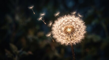 Dandelion seed head with glowing effect in close up, ethereal botanical macro, floating seed detail, dark soft background, no logos