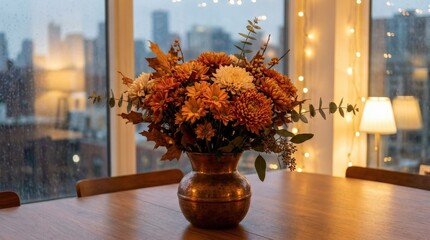 Fresh autumn flower bouquet with white and orange chrysanthemums in a copper vase, seasonal home decor arrangement against blurred city lights, warm elegant atmosphere, realistic detail, no logos