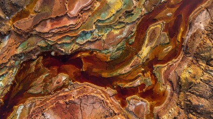 Abstract aerial view inspired by Rio Tinto color patterns, striking mineral landscape with flowing natural shapes and vivid earth tones, realistic detail, no logos