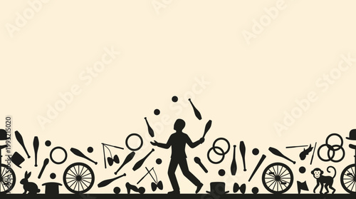Silhouette of a Juggler Performing with Various Circus Elements.