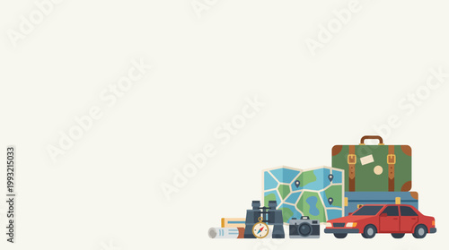 Travel and Adventure Essentials Suitcase Map Car and Binoculars.