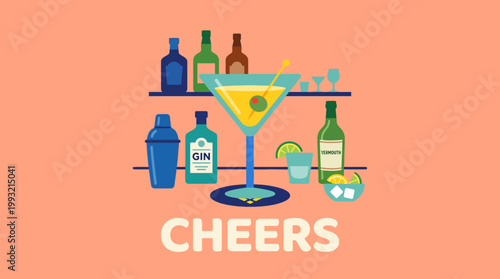 Vibrant Cocktail Bar Scene with Martini Glass and Bottles.