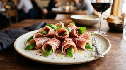 Rolled prosciutto slices with fresh basil and cracked pepper artfully arranged, elegant cured meat appetizer with gourmet styling and refined texture, realistic food photography, no logos