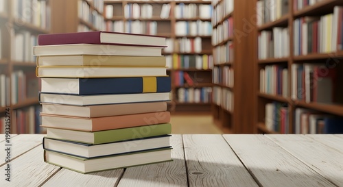 Stack of books on wooden table in library setting representing knowledge learning and academic study for education resources