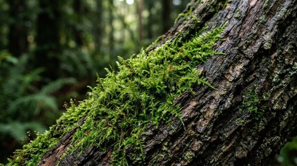 Vibrant green moss growing on old tree bark in a natural setting, macro forest texture with rich organic detail and fresh moisture, soft light, realistic detail, no logos