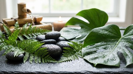 Black stones and lush green leaves with water droplets on dark background, zen spa still life, fresh natural calm, soft lighting, realistic detail, no logos