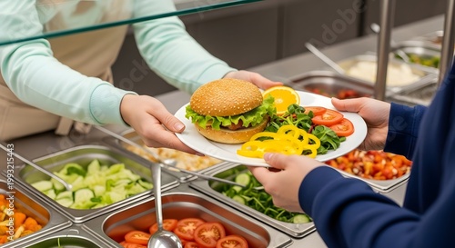 Staff serves fresh burger with colorful vegetables at modern cafeteria buffet