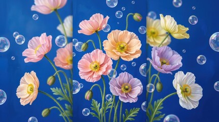 Delicate pastel poppies with floating bubbles on bold blue background, surreal botanical composition with fresh color contrast and modern art direction, polished realistic detail, no logos
