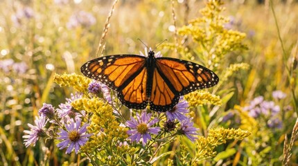 Orange butterfly with open wings in sunlit wildflower meadow, colorful blossoms and soft golden bokeh, vibrant nature close up, delicate texture, warm daylight, realistic detail, no logos