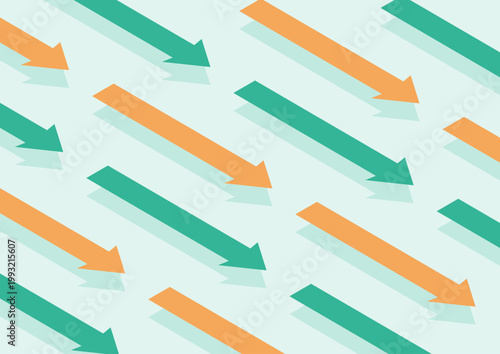 オレンジと緑の右肩下がりの長い矢印が規則正しく並んでいるアイソメトリックなデザイン