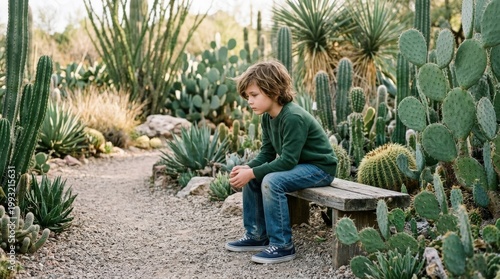 Young boy contemplating in green cactus garden, thoughtful child portrait, nature setting, soft daylight, peaceful atmosphere, realistic detail, no logos