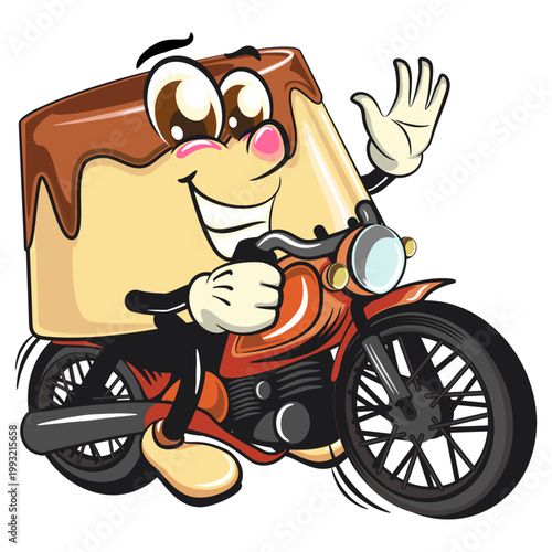 cute caramel pudding mascot character riding a big motorcycle with smiling, dessert cartoon vector illustration isolated, work of hand drawn