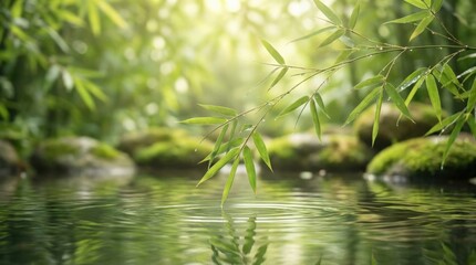 Bamboo leaves above calm water with soft green bokeh, peaceful natural background, zen spa atmosphere, fresh botanical composition, gentle light, realistic detail, no logos