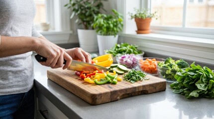 Close-up of a woman chopping fresh vegetables on a modern kitchen counter, healthy meal preparation concept, vibrant ingredients, natural light, realistic food photography, no logos