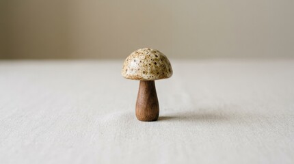 Small mushroom-shaped object with textured cap and brown stem on plain background, whimsical botanical decor, clean minimal composition, soft studio light, no logos