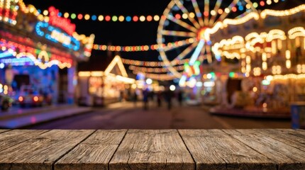 Blurred carnival lights with wooden tabletop foreground, festive fairground background for product display, colorful night atmosphere, vibrant bokeh, realistic detail, no logos
