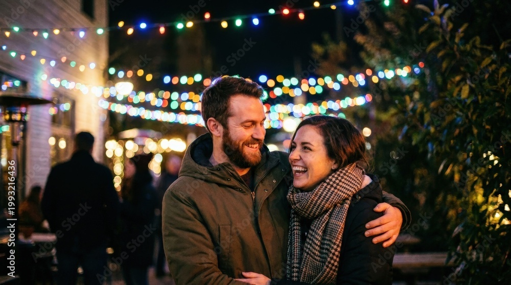 Fototapeta premium Happy couple smiling together under colorful lights, romance joy and connection concept, candid affectionate moment, nightlife celebration atmosphere, soft bokeh background, realistic lifestyle
