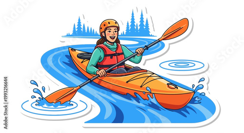 Flat design vector illustration of person kayaking on water during sunny outdoor recreation lifestyle activity with bright natural lighting