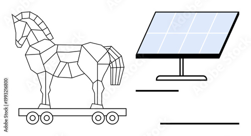 Cybersecurity, renewable energy, hacking concepts, technology threats, sustainable innovation, data breach . Geometric Trojan Horse next to a solar panel. Cybersecurity and renewable energy