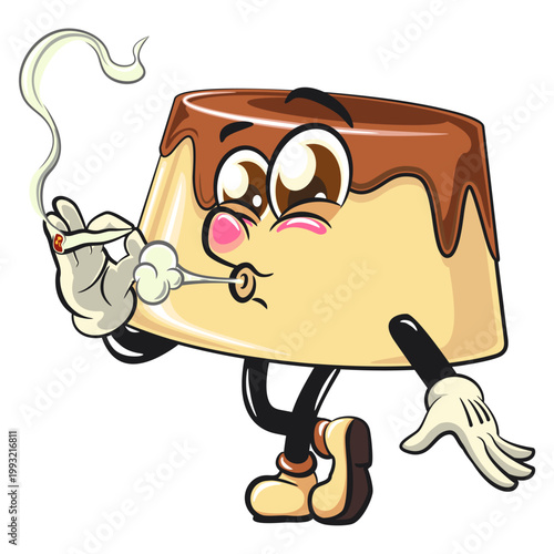 cute caramel pudding mascot character smoke calmly, dessert cartoon vector illustration isolated, work of hand drawn