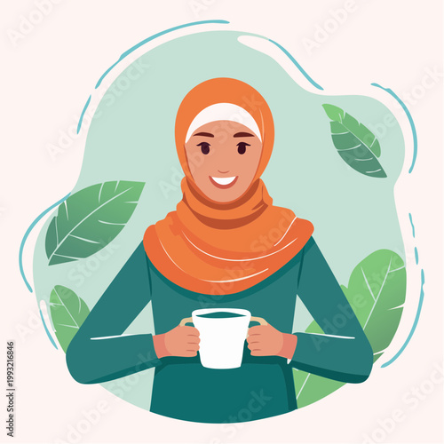 Woman in Hijab Holding a Coffee Cup with Leaves Background