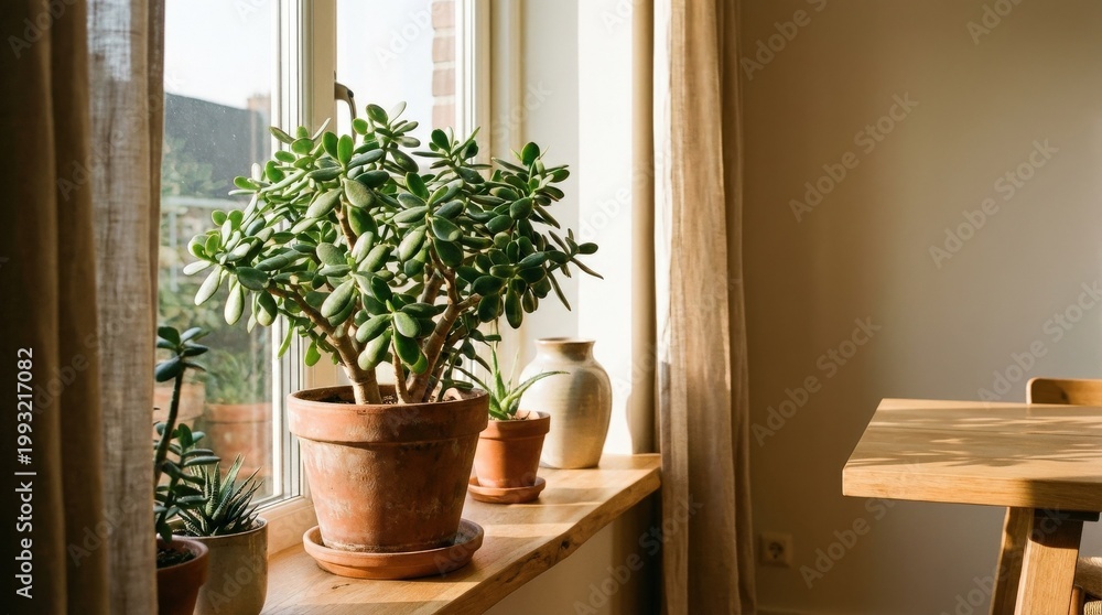 Fototapeta premium Jade plant by a sunny window, indoor greenery and home decor concept with warm natural light, clean minimal composition, realistic detail, no logos