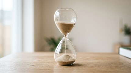 Glass hourglass with sand flowing between chambers, time concept, elegant transparent object, clean minimal composition, soft light, realistic detail, no logos