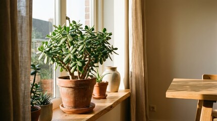 Jade plant by a sunny window, indoor greenery and home decor concept with warm natural light, clean minimal composition, realistic detail, no logos