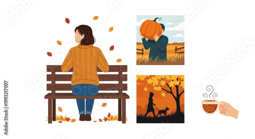 Flat design vector illustration of autumn season lifestyle people enjoying warm drinks on a wooden bench outdoors with fall foliage