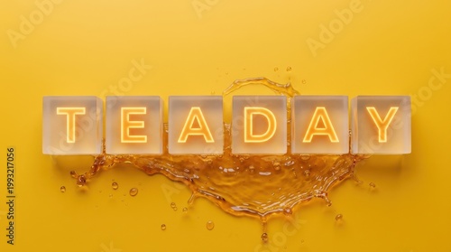 The word TEADAY forms with blocks on a yellow background with liquid splashing