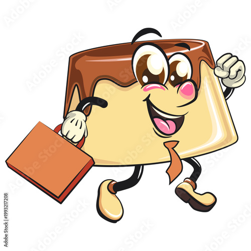 cute caramel pudding mascot character with a suitcase rushing to the office, dessert cartoon vector illustration isolated, work of hand drawn