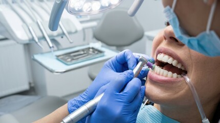 Dental professional polishing healthy white teeth, close up dental cleaning procedure, oral care and hygiene concept, modern clinic setting, bright medical light, realistic detail, no logos