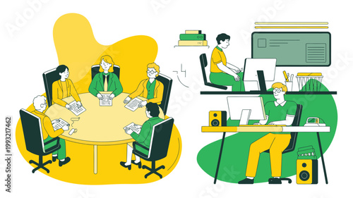 UX Research Scene – Focus Group Session with Analysts Observingfocus group, market research, user research, business discussion, round table, participants, moderator, observation room, one way mirror,