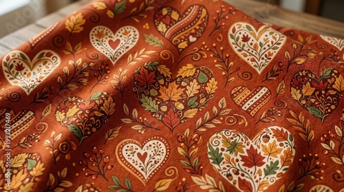 Autumn heart pattern in warm seasonal tones, cozy decorative background with leaves and romantic shapes, soft textured finish, no logos