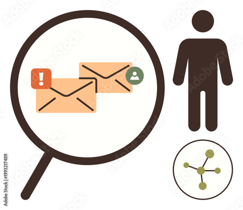 Cybersecurity, communication alerts, digital forensics, email management, online safety, data monitoring. Magnifying glass focusing on emails with icon alerts. Cybersecurity and communication alerts