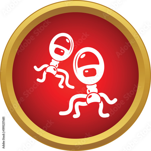 Bacteriophage viruses depicted as a simple white icon on a red and gold circular background