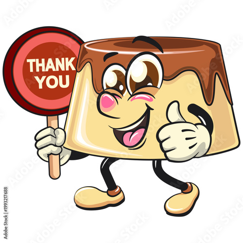 cute caramel pudding mascot character say thank you with smiling, dessert cartoon vector illustration isolated, work of hand drawn