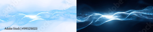 Wide blue light wave with particle mesh and glowing flow abstract technology PNG