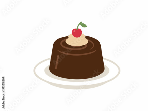 Chocolate pudding dessert with whipped cream and cherry on a plate, flat vector illustration isolated on white background